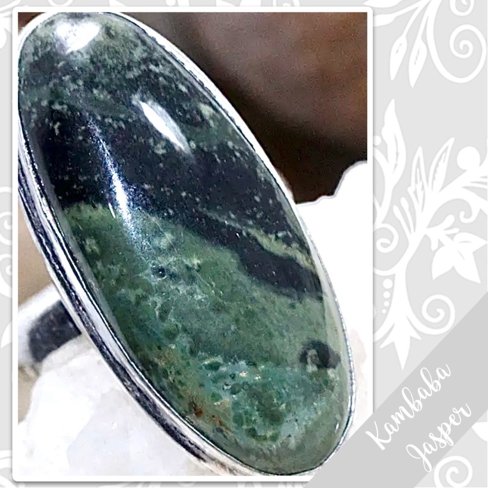 Kambaba Jasper Eclectic Silver Artisan Ring, Size 7.5 (Dark Sage Green, Black) - Picture 2 of 2